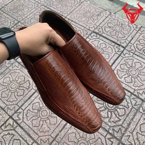 Tổng quan giày Tây lười da vây chân đà điểu màu nâu đỏ: sự kết hợp hoàn hảo giữa chất liệu da đà điểu cao cấp và thiết kế sang trọng, phong cách cổ điển.