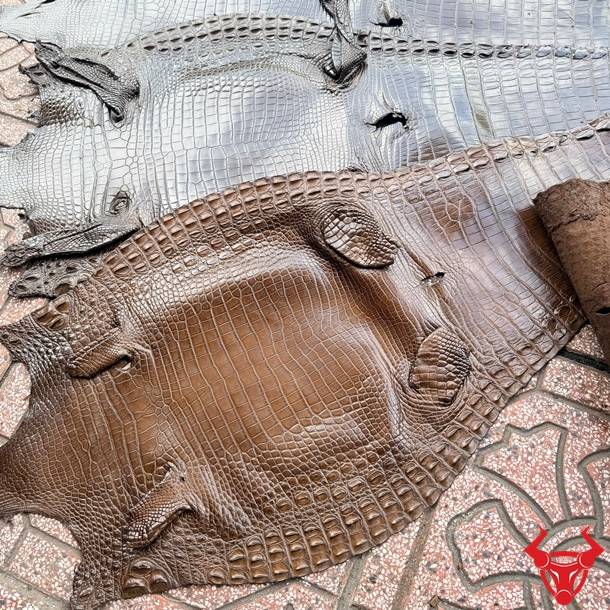 Da bụng cá sấu nguyên tấm màu nâu đen Size 3 lớn, chất lượng cao, vân đều và bền đẹp.