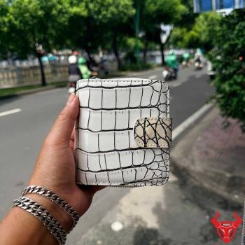 Ví Nữ Dáng Ngắn Da Bụng Cá Sấu Thái Lan Vân Nhỏ Màu Trắng Đen VRBA8