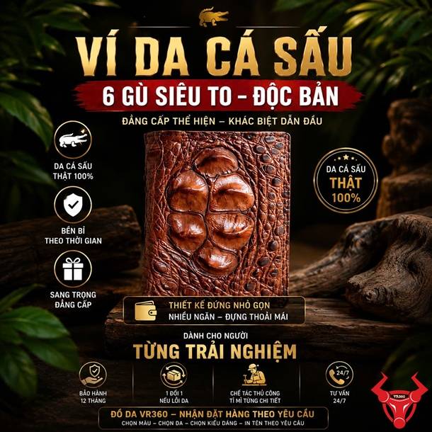 Form đứng lịch lãm, da cá sấu 6 gù lớn và sắc nâu đất sang trọng tạo nên mẫu ví nam đẳng cấp, phù hợp với phong cách quý ông hiện đại.